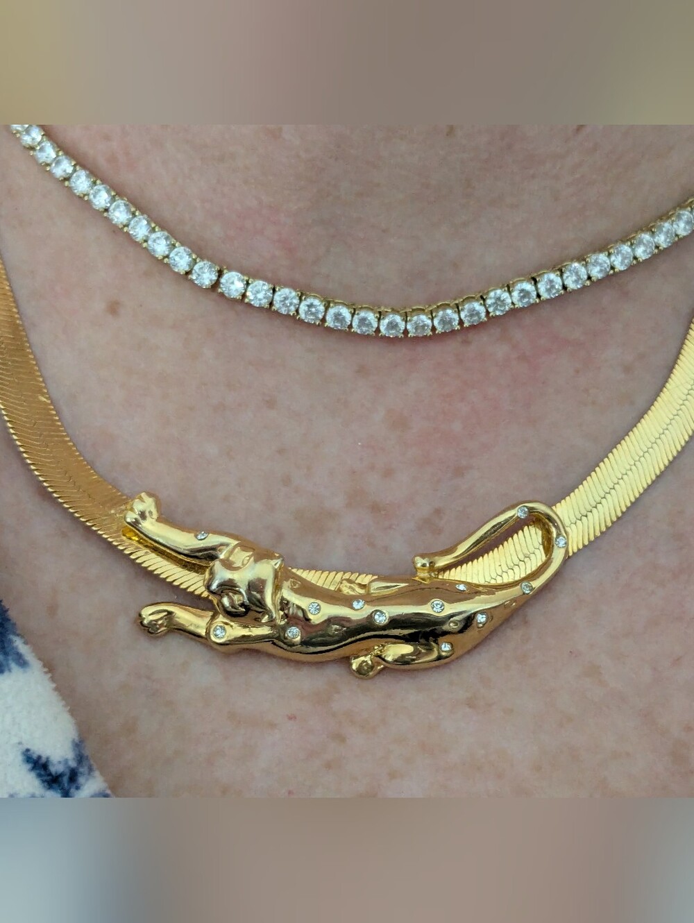 Gorgeous Gold Tone Panther Herringbone Necklace Vintage Women's